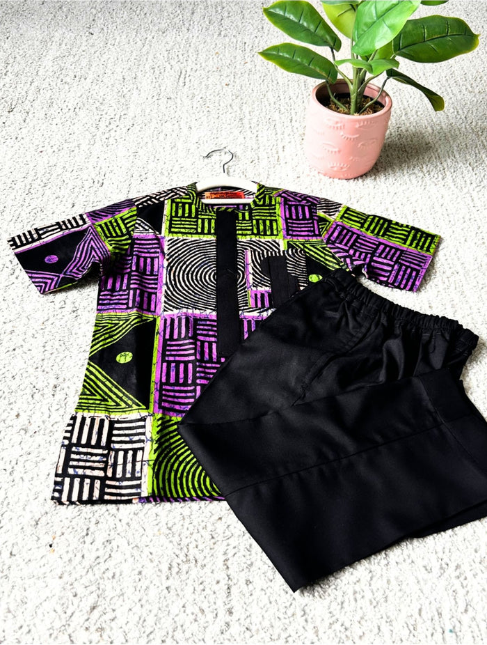 Dejo Boys African Co-Ord Set in with Black Matching Pants