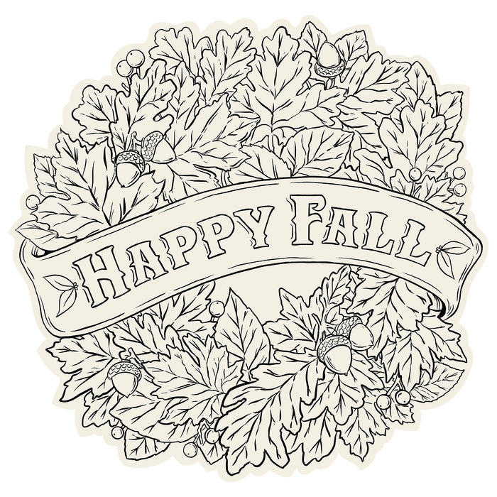 Die-cut Happy Fall Coloring Placemat with leaves to be colored in and a banner that says "Happy Fall".