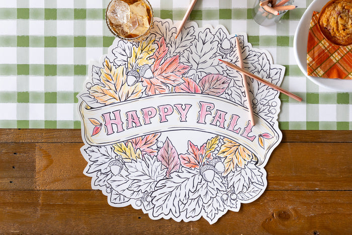 Close up of the Die-cut Happy Fall Coloring Placemat partially colored in.