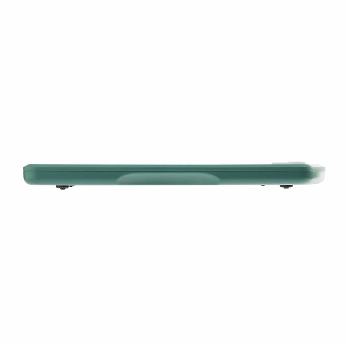 Side view of teal Ocean Bound Plastic digital kitchen scale.