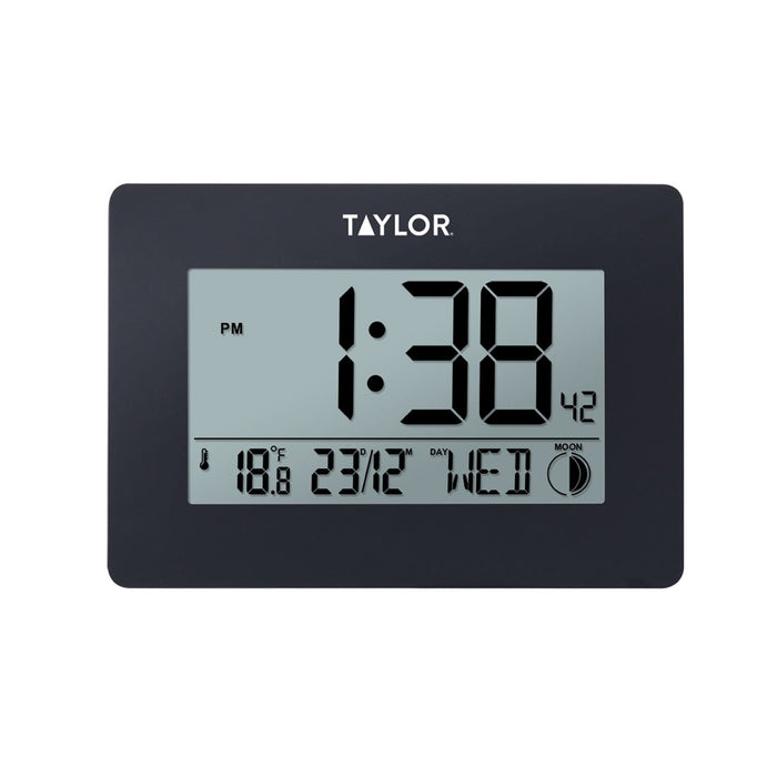 Taylor digital clock with thermometer and date display on a dark rectangular frame