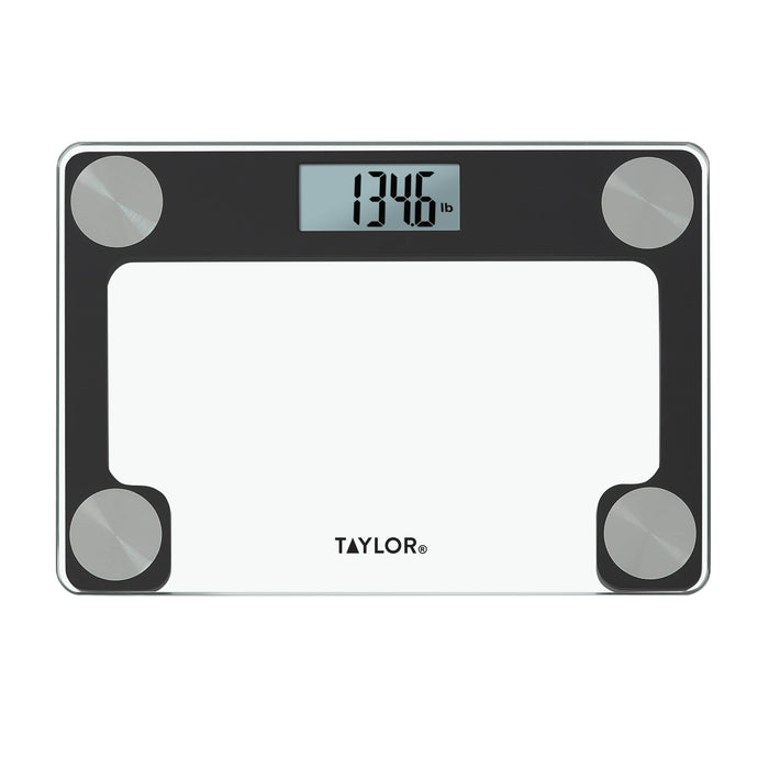 Digital compact scale with central display and round silver corner accents