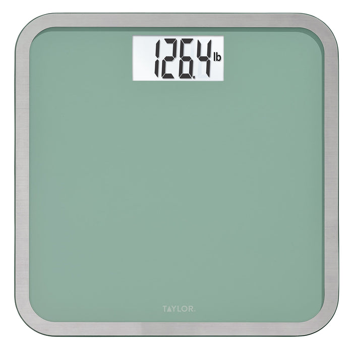 Seafoam green digital glass scale with rounded corners and brushed metal frame with Taylor branding