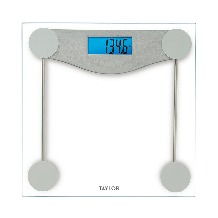 Digital glass scale with clear metal accents and a blue backlit display