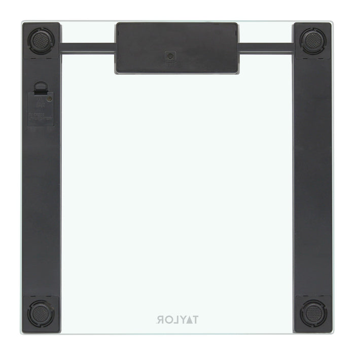 Top view of a digital glass scale with grey frame and black vertical supports