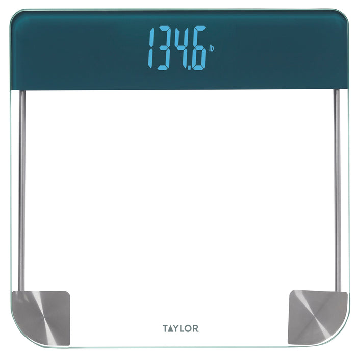 Digital glass scale with magic display showing 149.6 lb on a white backdrop