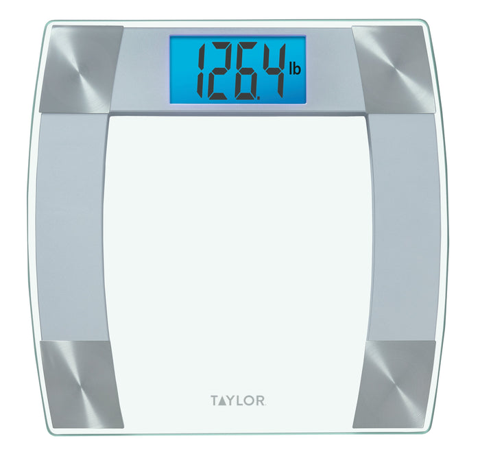 Top edge close up of a silver digital glass scale with turquoise accent trim.