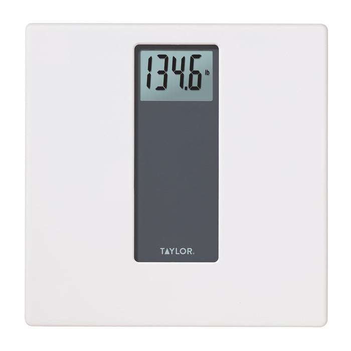 Close up of a white digital scale with a charcoal glass center and digital readout.