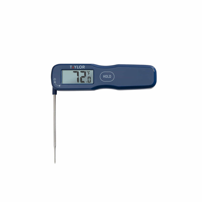 Blue digital waterproof rapid response thermocouple thermometer with a metal probe.