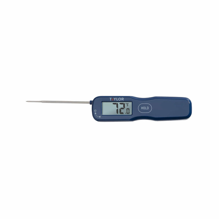 Blue digital waterproof rapid response thermocouple thermometer with hold button and metal probe.
