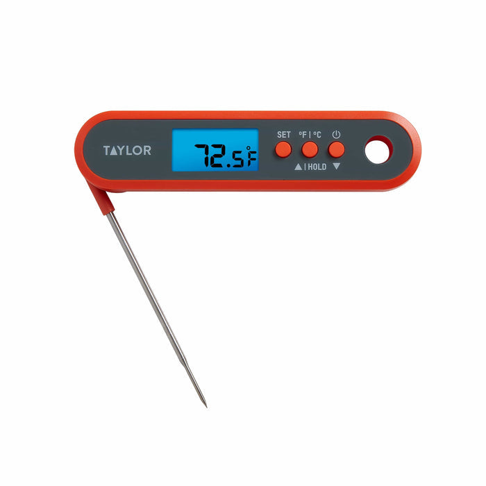 Orange digital waterproof thermometer with folding stainless steel probe and blue display.