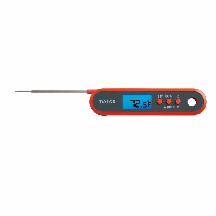 Orange Taylor digital thermometer with folding probe extended to the left.
