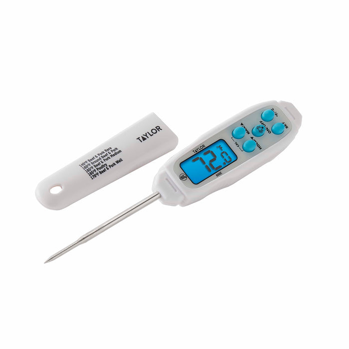 Taylor digital waterproof thermometer with long stainless steel probe and blue display