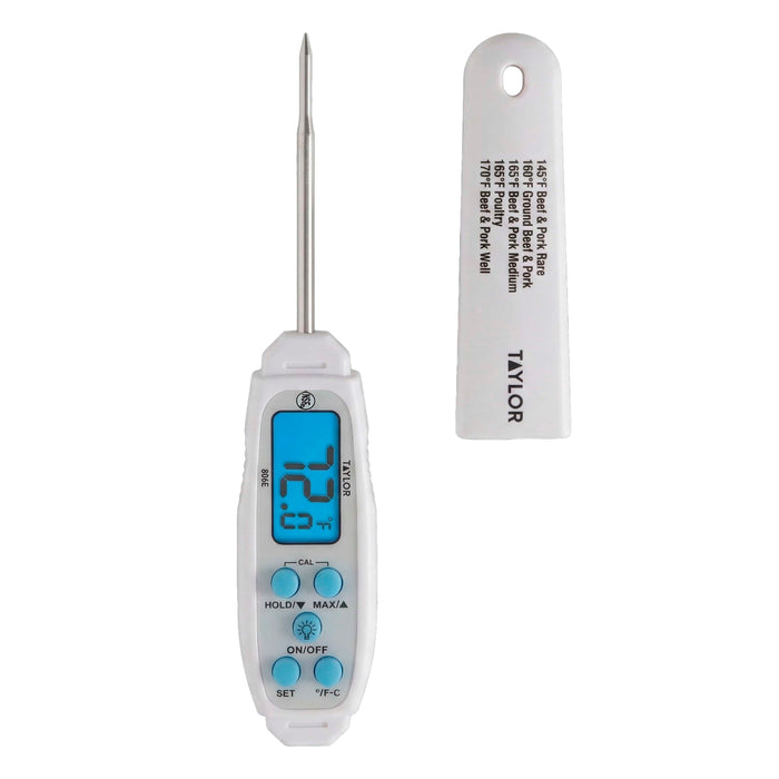 Taylor digital waterproof thermometer with slender metal probe and a white protective wrapper