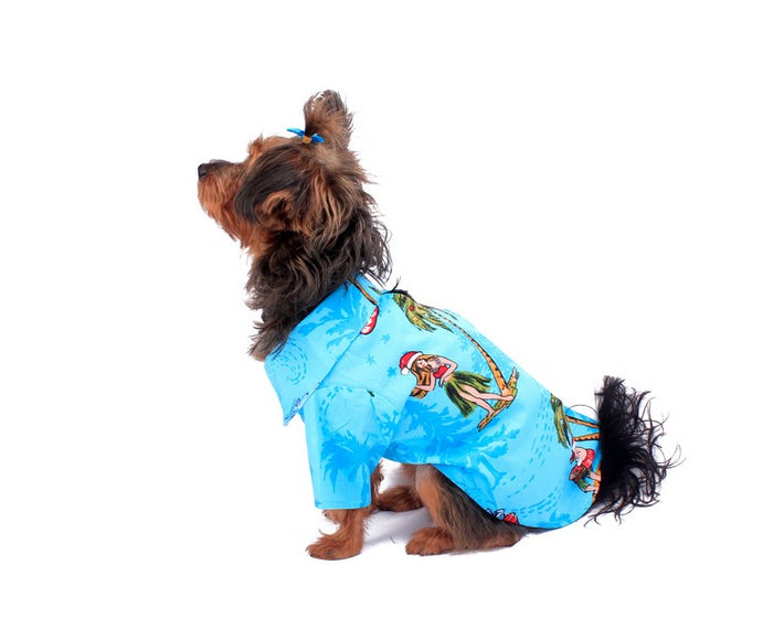 Dog Aloha Shirt in Christmas Santa Turquoise