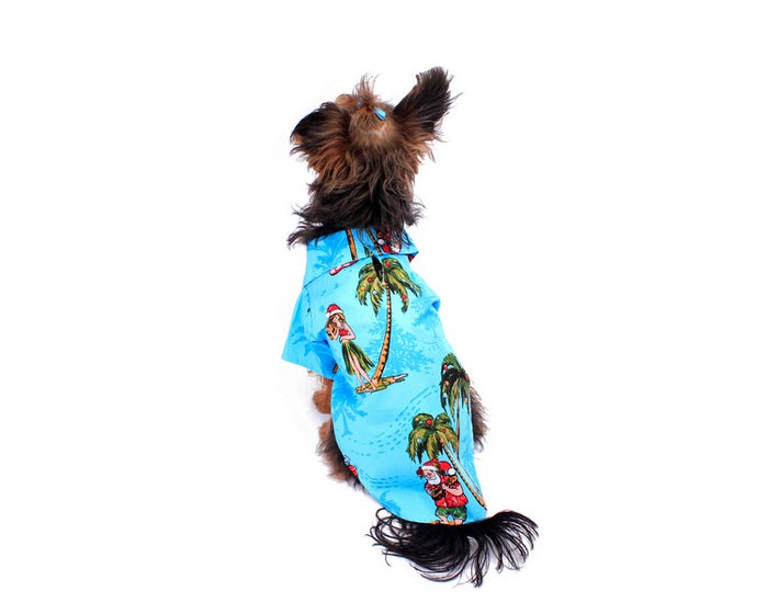 Dog Aloha Shirt in Christmas Santa Turquoise