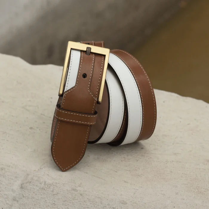Dtown Marseille Belt II: brown and white leather with gold buckle