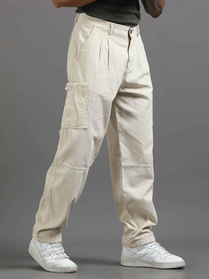 Cream Cargo Pants for Men front view - Ecru Pleated Cargo Pant by Italian Colony