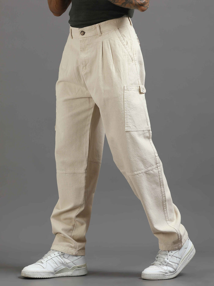 Cream Cargo Pants for Men detail view - Ecru Pleated Cargo Pant by Italian Colony