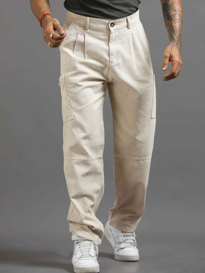 Cream Cargo Pants for Men detail view - Ecru Pleated Cargo Pant by Italian Colony