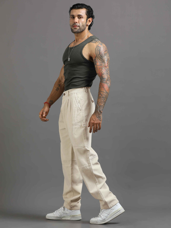 Cream Cargo Pants for Men detail view - Ecru Pleated Cargo Pant by Italian Colony