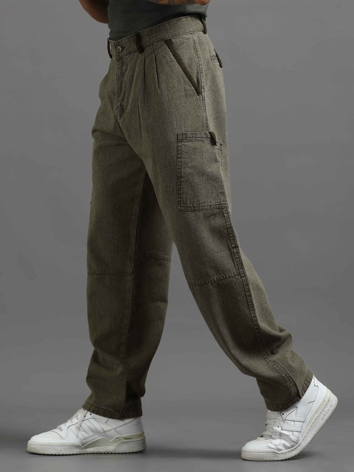 Olive Cargo Pants for Men detail view - Ecru Pleated Cargo Pant by Italian Colony