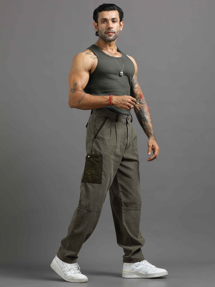 Olive Cargo Pants for Men detail view - Ecru Pleated Cargo Pant by Italian Colony