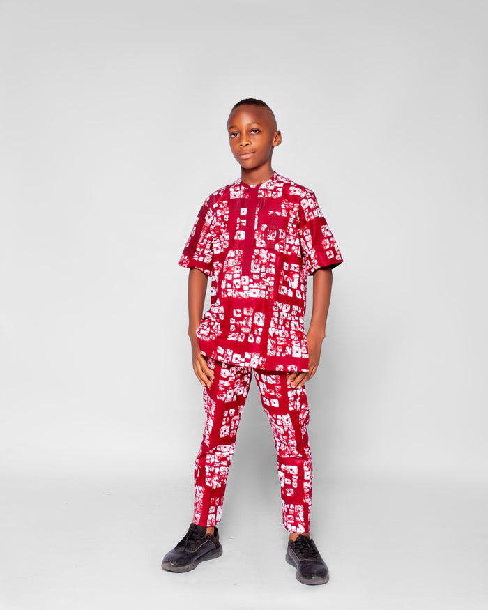 Ekele Boys African Co-ord set, (in Wine and white Ankara)