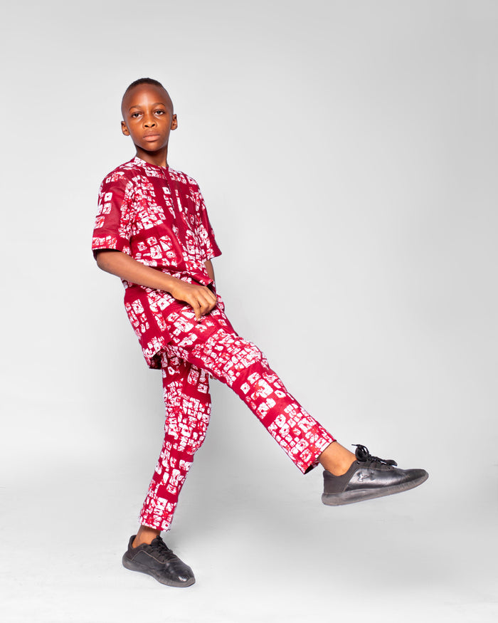 Ekele Boys African Co-ord set, (in Wine and white Ankara)