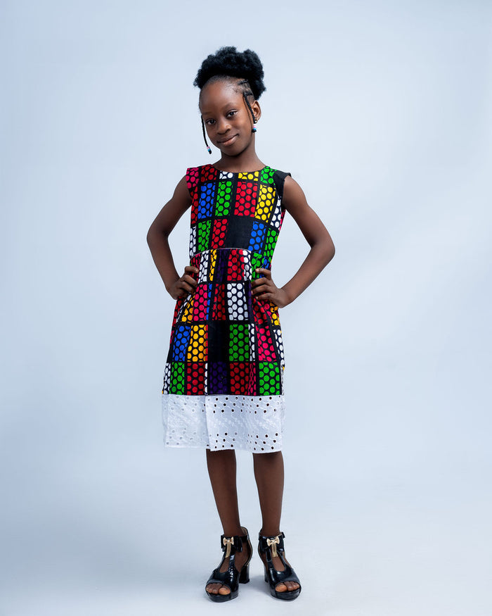 Elochi Girls Colorful African Dress with White Lace Border, Ankara