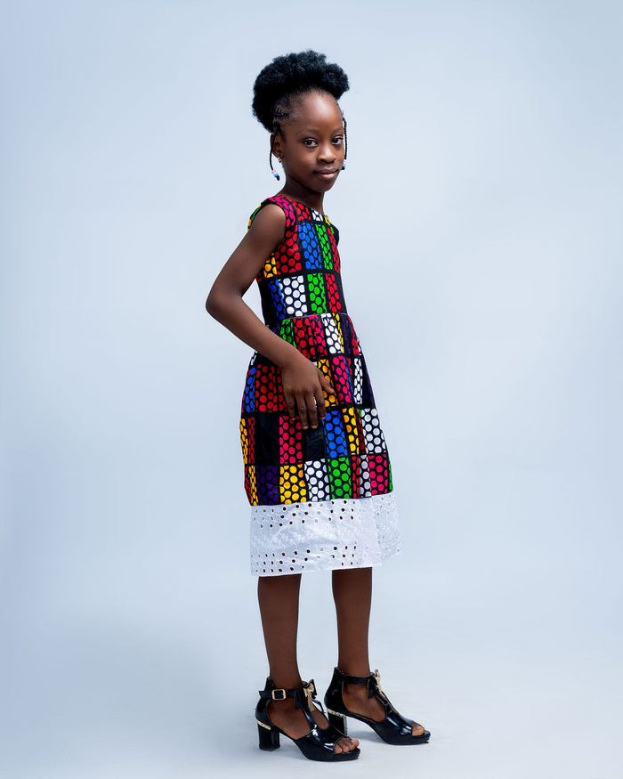 Elochi Girls Colorful African Dress with White Lace Border, Ankara