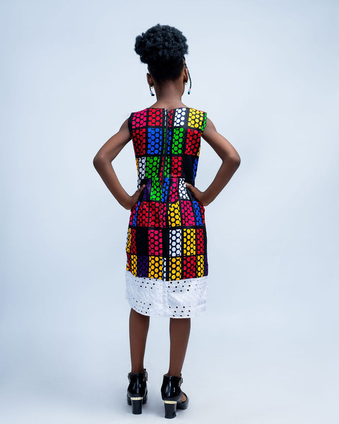 Elochi Girls Colorful African Dress with White Lace Border, Ankara