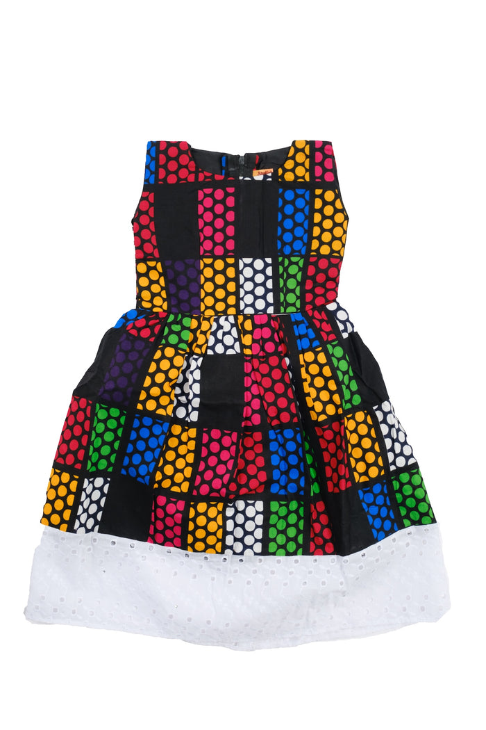 Elochi Girls Colorful African Dress with White Lace Border, Ankara