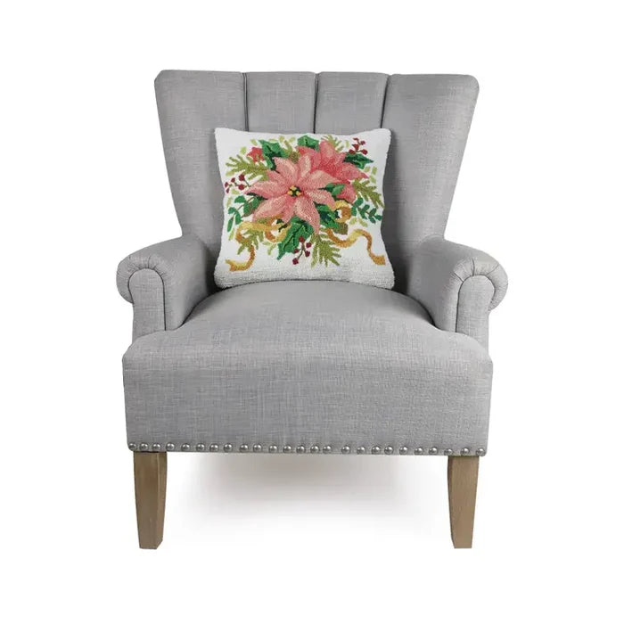 Embroidered Christmas Poinsettia Pillow