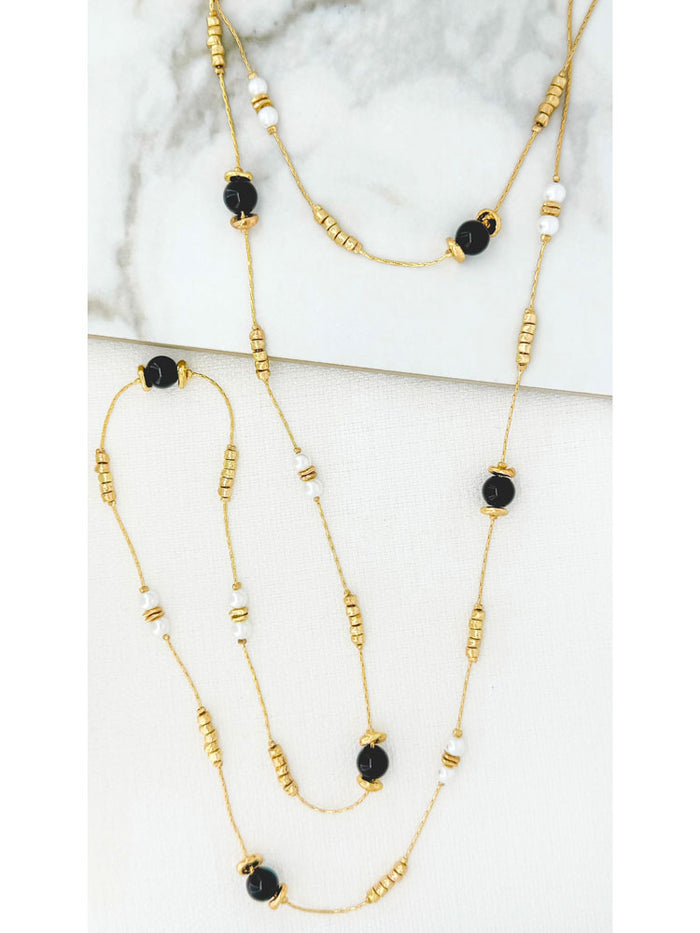 Envy Long Double Layer Gold, Black & Pearl Necklace