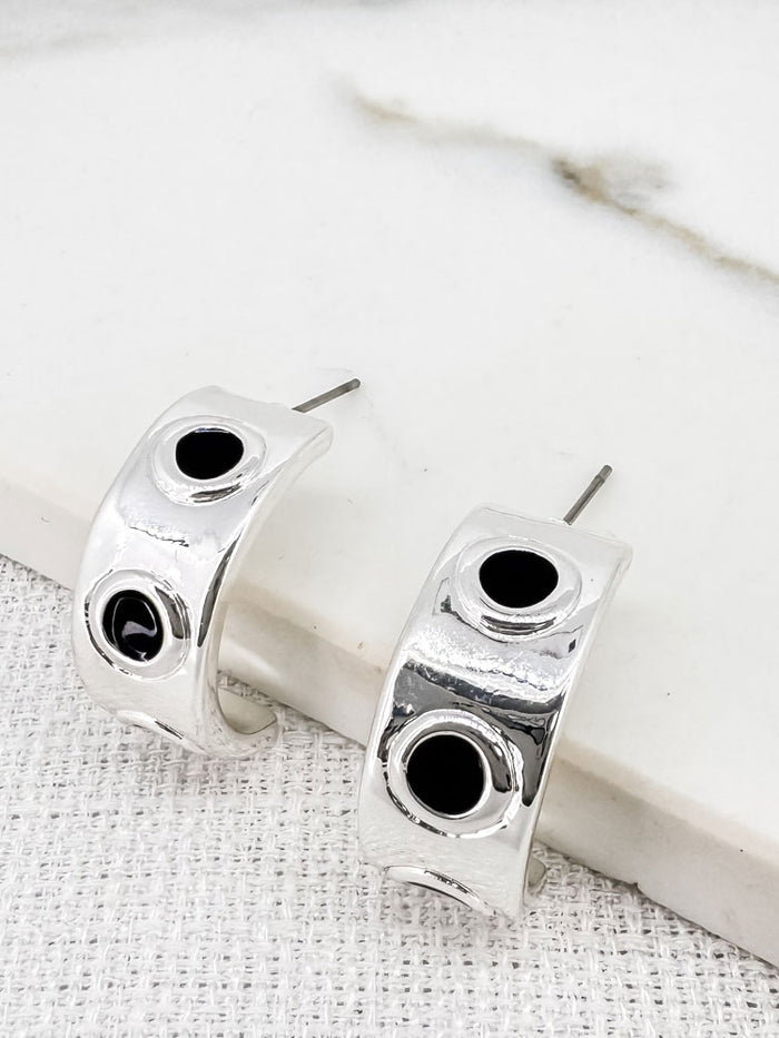 Envy Silver Half Hoop Earrings with Black Dots