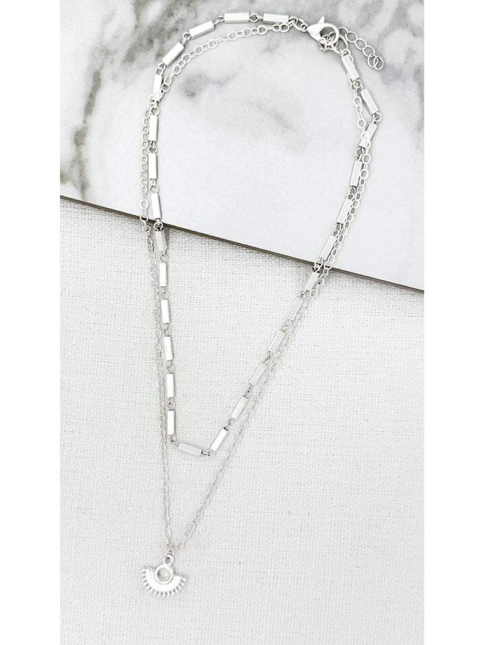 Envy Two Chain Short Silver Necklace with Fan Pendant