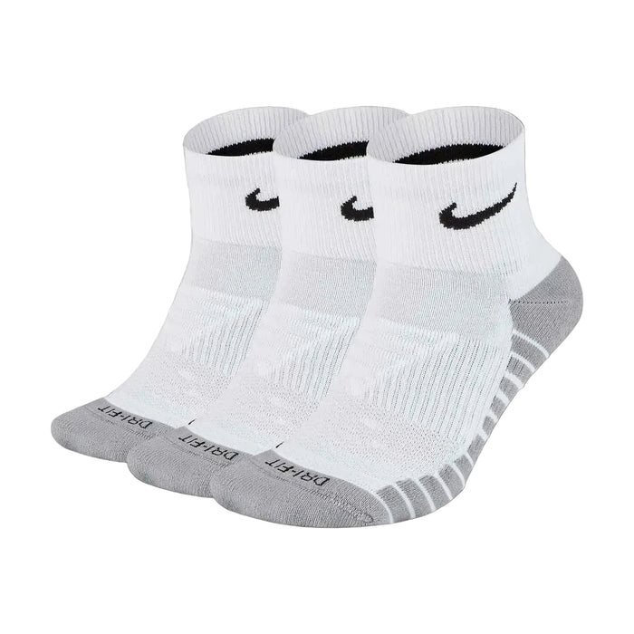 Three pairs of white ankle socks with gray toes and heels on a white background