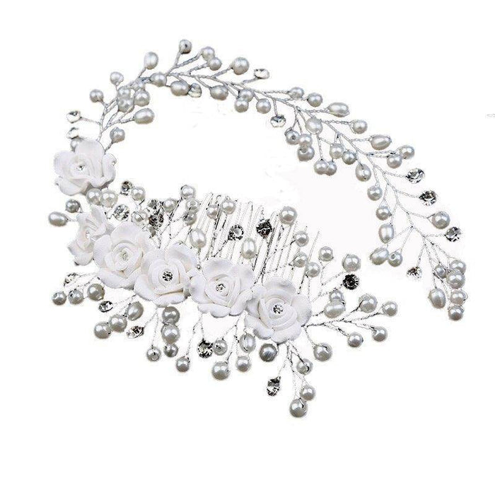 Exquisite handmade bridal hair accessories Pearl leaves rose Combs 573073773955 - COCOMELODY