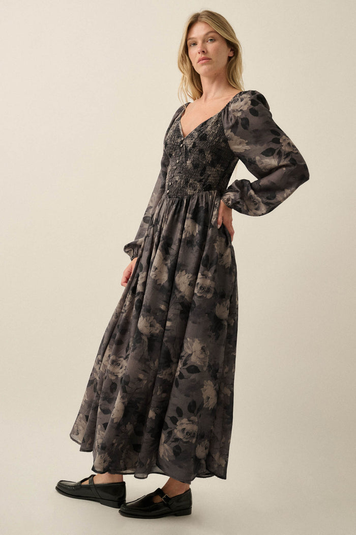 Faded Bouquet Floral Smocked Maxi Peasant Dress - ShopPromesa