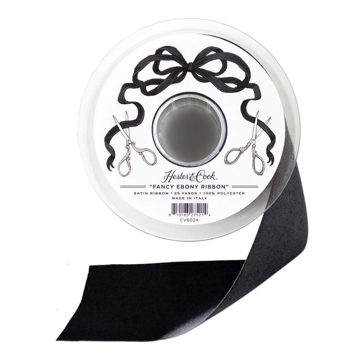 A spool of black satin ribbon from Hester & Cook on a white background.