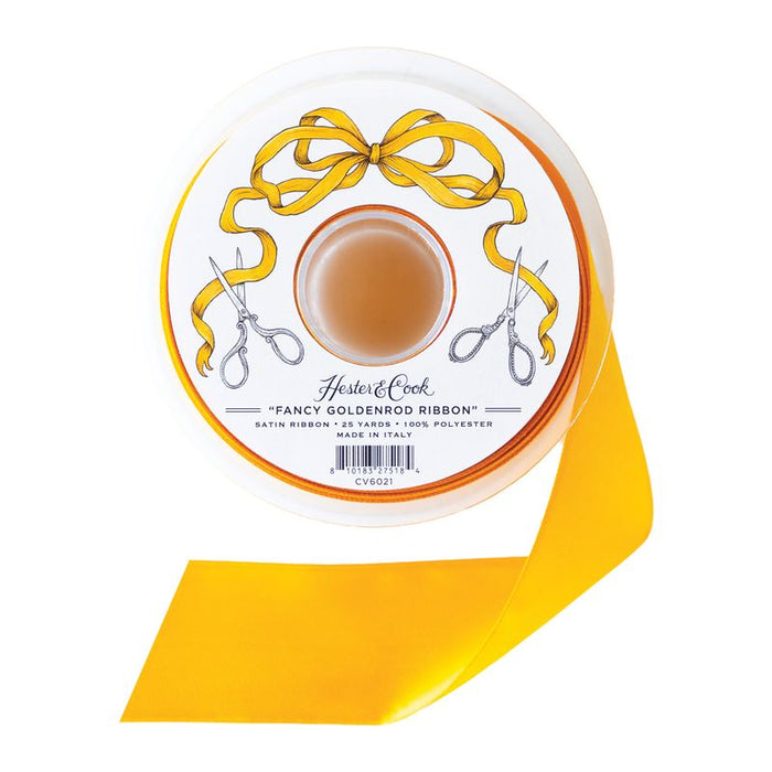 A spool of deep yellow satin ribbon from Hester & Cook on a white background.