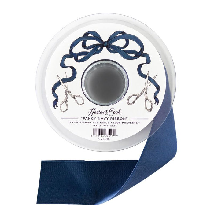A spool of Fancy Navy Blue Ribbon from Hester & Cook on a white background.
