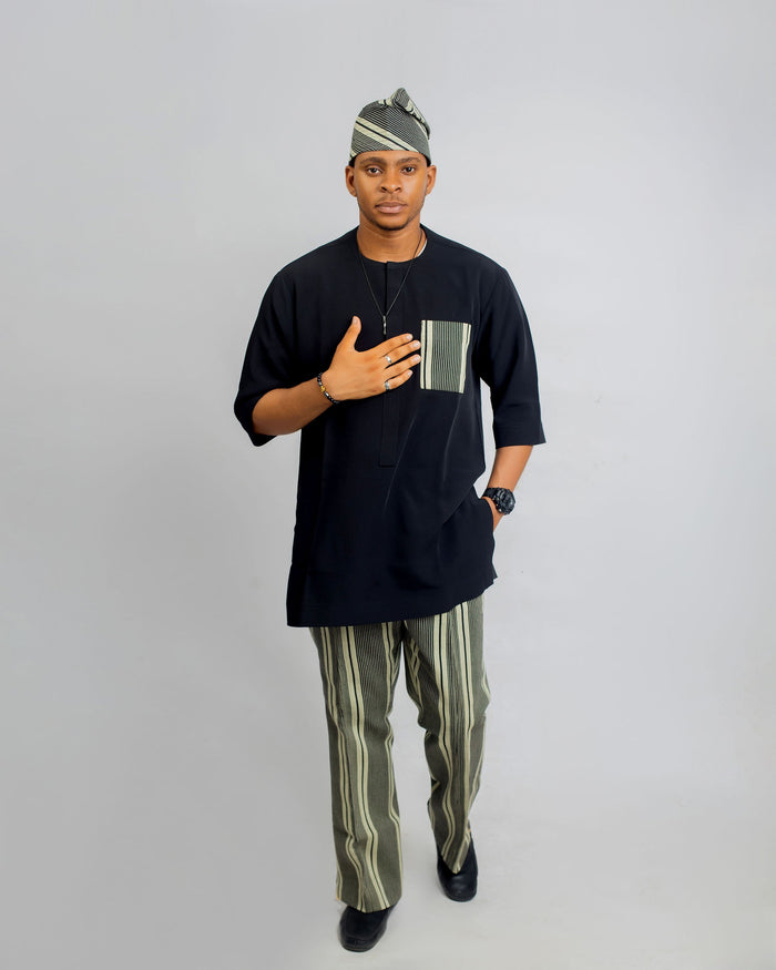 Faro Men’s Aso Oke Pants Set – Black Stripe