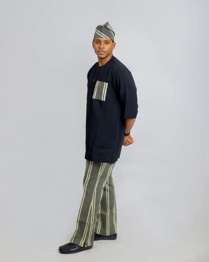 Faro Men’s Aso Oke Pants Set – Black Stripe