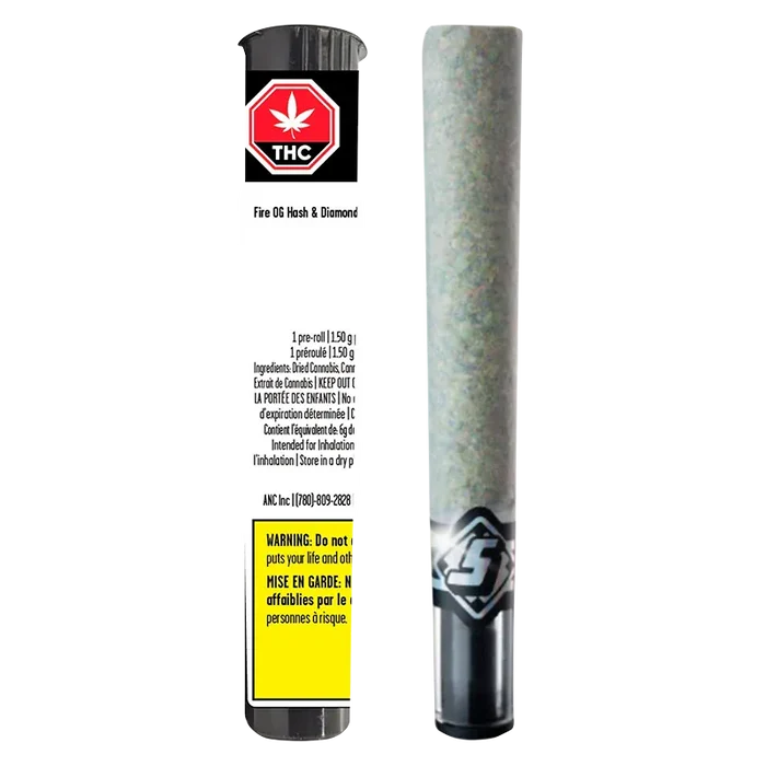 Front-facing view of the Fire OG Hash & Diamond Infused PR 1 x 1.5 g pre-roll standing upright beside its branded white tube, both shown on a white background.