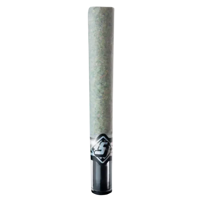 Straight-on view of a pre-roll tube filled with green herb labeled "Fire OG Hash & Diamond Infused PR 1 x 1.5 g" against a white background.
