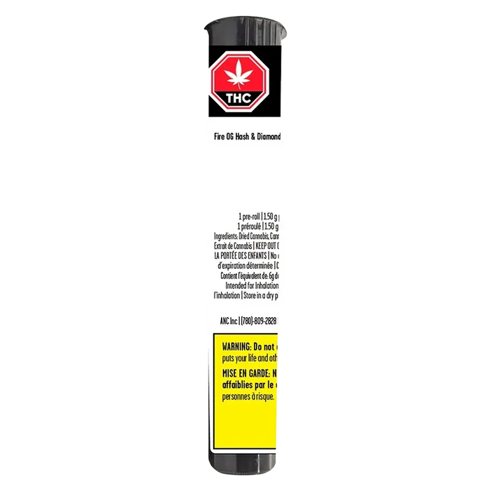 Tall front view of the Fire OG Hash & Diamond Infused PR 1 x 1.5 g tube on white background with a red THC stop sign label.