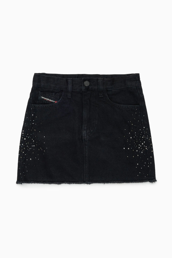 Frayed denim mini skirt with rhinestones