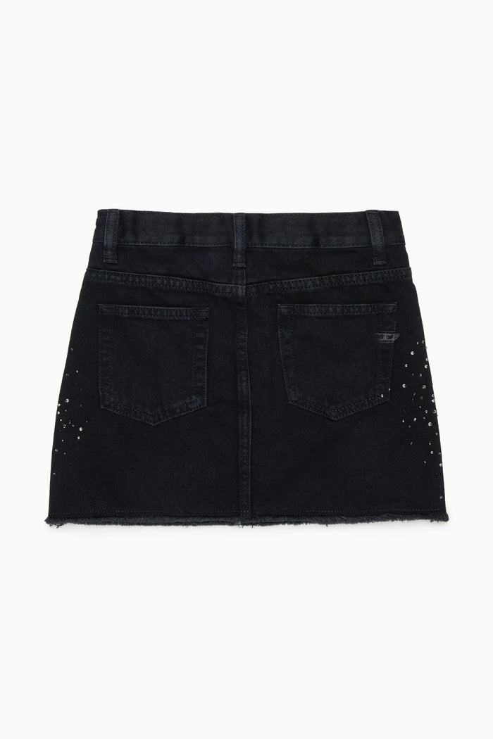 Frayed denim mini skirt with rhinestones